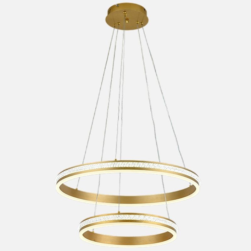 16"+24" Diameter 2-Tiered Ring LED Chandelier Aluminum Gold LED Hanging Pendant Light with Diamond Stripes Acrylic Shade