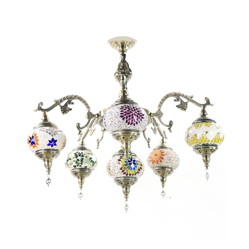 Stained Glass Bronze Hanging Chandelier Oval 6 Heads Traditional Suspension Light