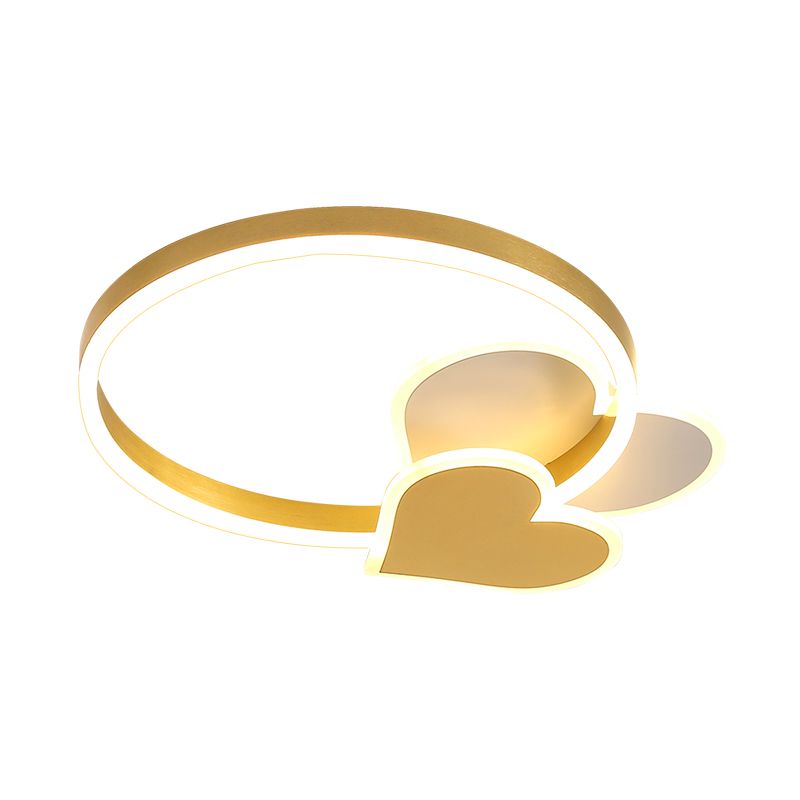 Simplicity LED Ring Ceiling Lighting Gold Loving Heart Flush Mount Lamp with Acrylic Shade in Warm/White Light