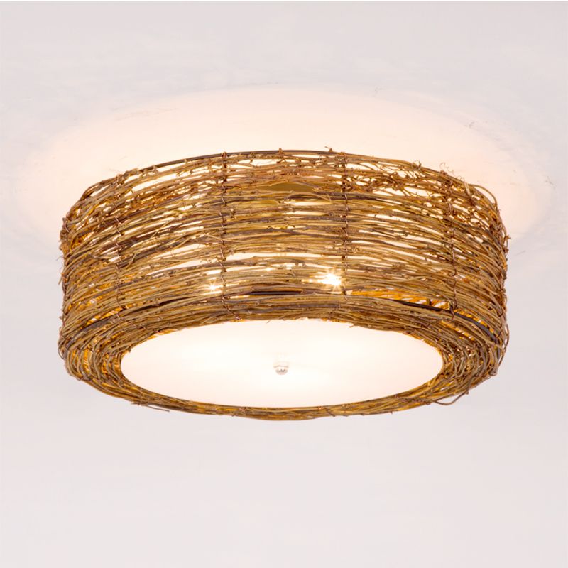Hand-Woven Flush Mount Lamp with Round Shade Modern Rattan 3 Lights Bedroom Ceiling Light Fixture in Brown, 16"/19.5" W