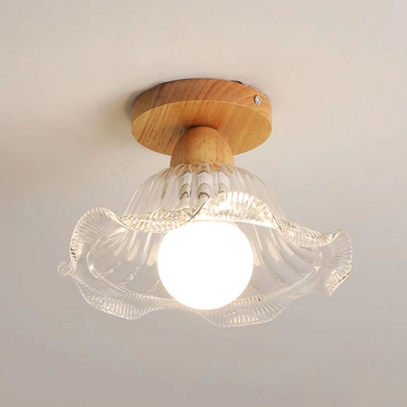 Modern Ceiling Light 1-Light Wooden Ceiling Mount Light with Glass Shade for Bedroom