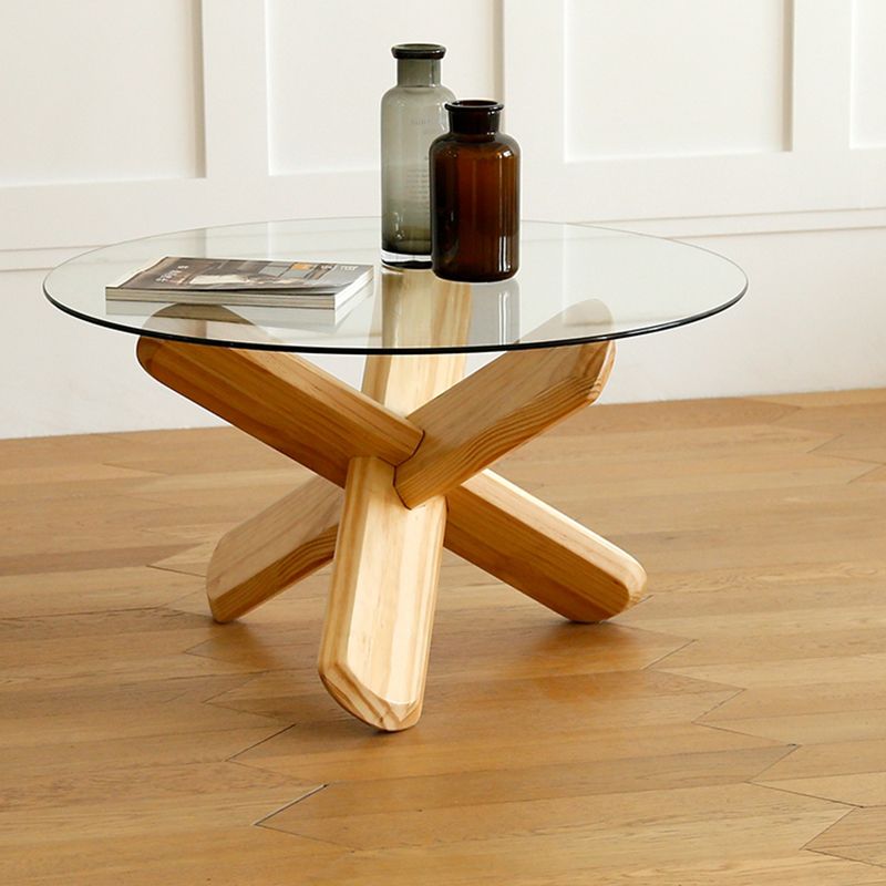 Modern Round Glass Coffee Table 17.7" H Cross Legs Cocktail Table
