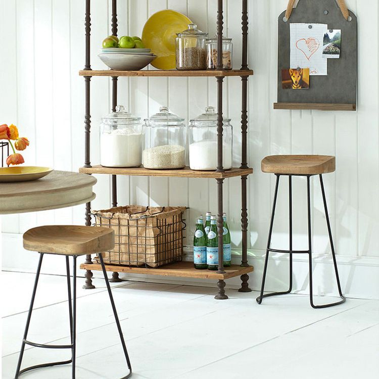 Contemporary Wood Seats Counter Stools Black Base Indoor Bar Stool for Kitchen