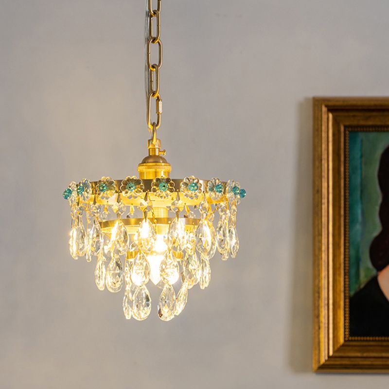 Tapered Faceted Crystal Hanging Light Modern 4 Bulbs Dining Room Ceiling Pendant Lamp in Gold