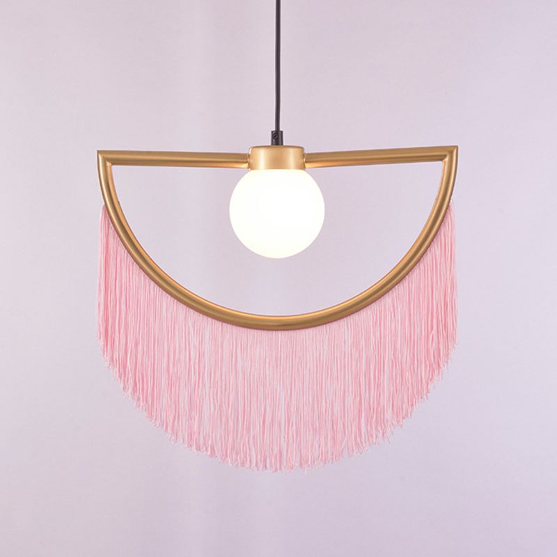 Minimalism Globe Suspension Light 1-Light Opal Glass Hanging Lamp with Decorative Fringe