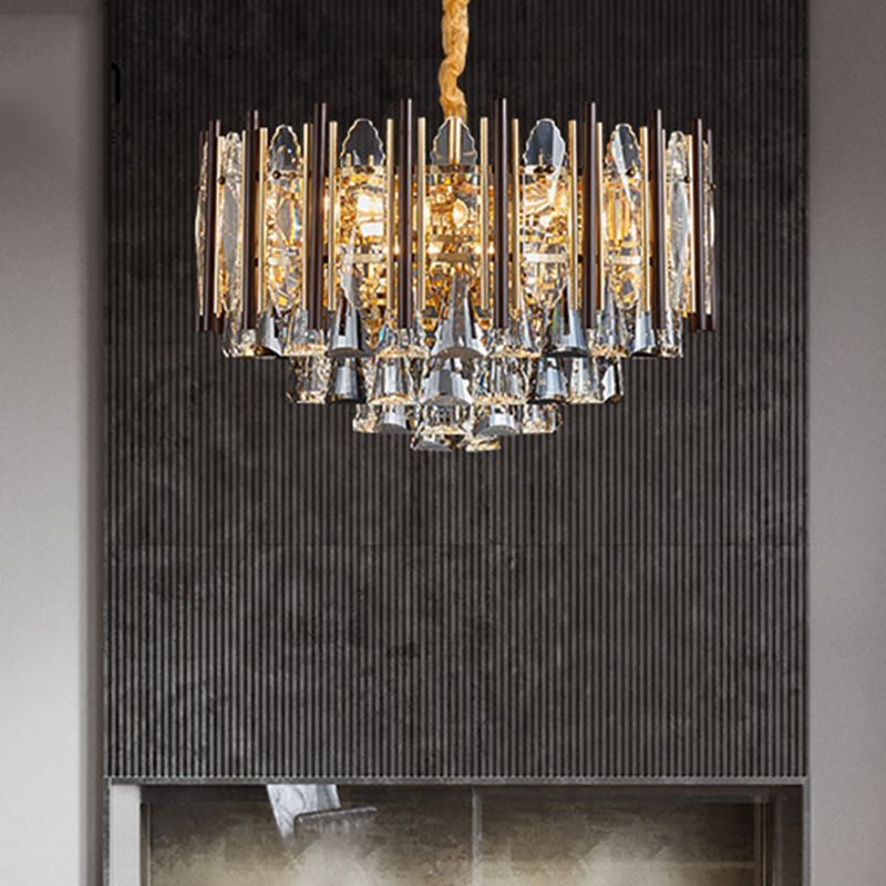 Round Ceiling Chandelier Postmodern Teardrop Crystal 7 Lights Gold Hanging Light Kit