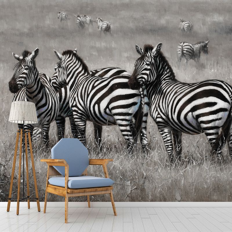 Extra Large Zebra Mural for Home Decor Fantasy Grass Wall Covering in Black and White, Stain-Resistant