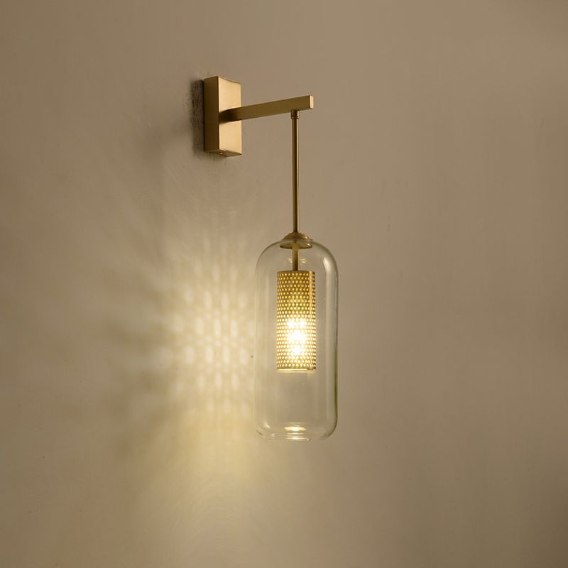 Golden Cylinder Wall Mount Lamp Simple 1 Bulb Clear Glass Sconce Light Fixture for Bedroom