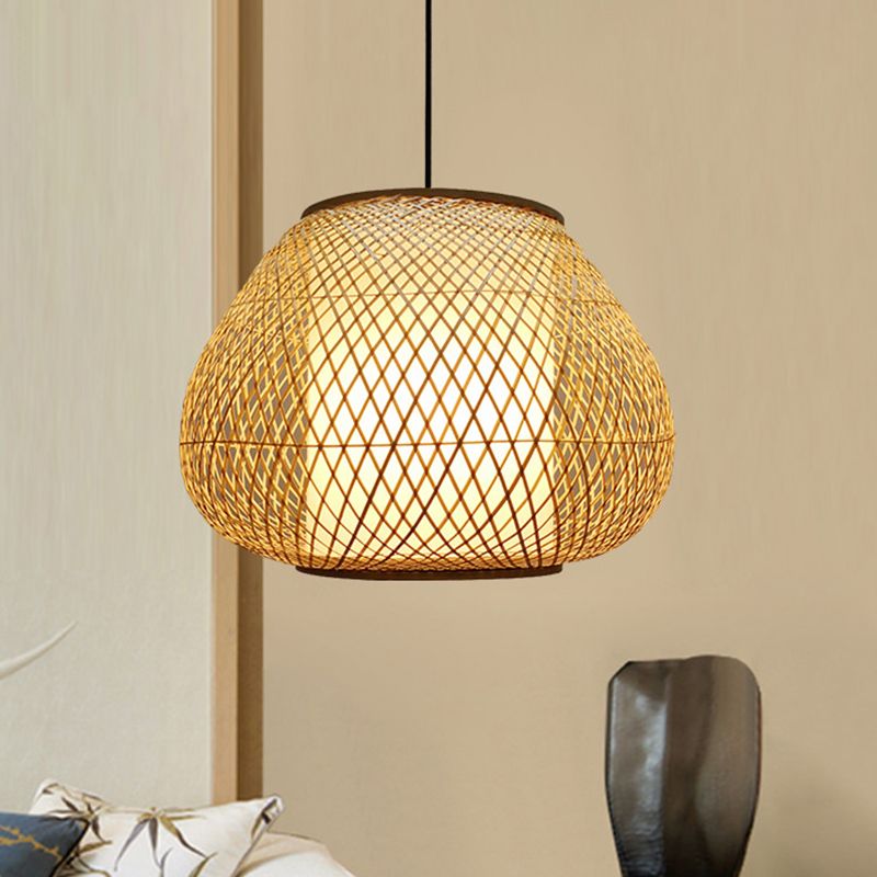 Luz de colgante de pera Bambú china 1 Bombilla Beige Fixtura de iluminación suspendida para sala de estar