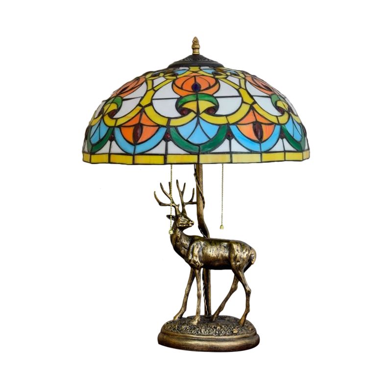 Cut Glass Yellow/Orange Night Light Hand-Worked Peach/Geometric 2-Light Tiffany Table Lamp with Elk Statue and Pull Chain Switch