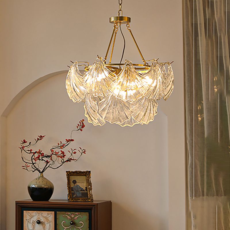 American Shell Chandelier Glass Multi Light Hanging Light in Gold for Bedroom
