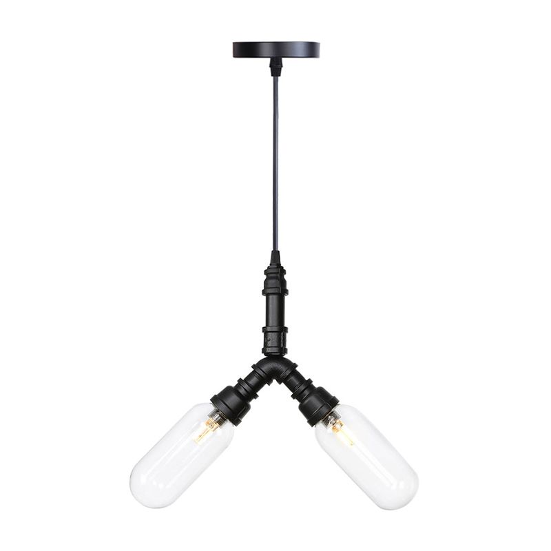 Piping Dining Room Hanging Lighting Industrial Amber/Clear Glass 2/3/4 Heads Black Finish LED Ceiling Chandelier