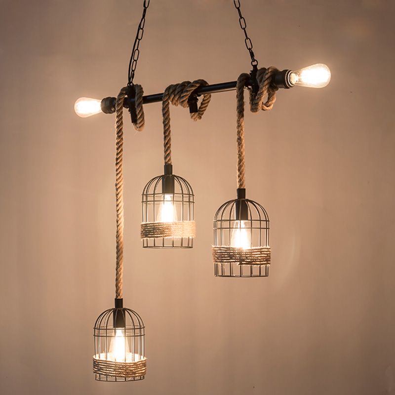 Birdcage Island Chandelier Lights Industrial Rope Chandelier Lighting Fixtures for Dining Table