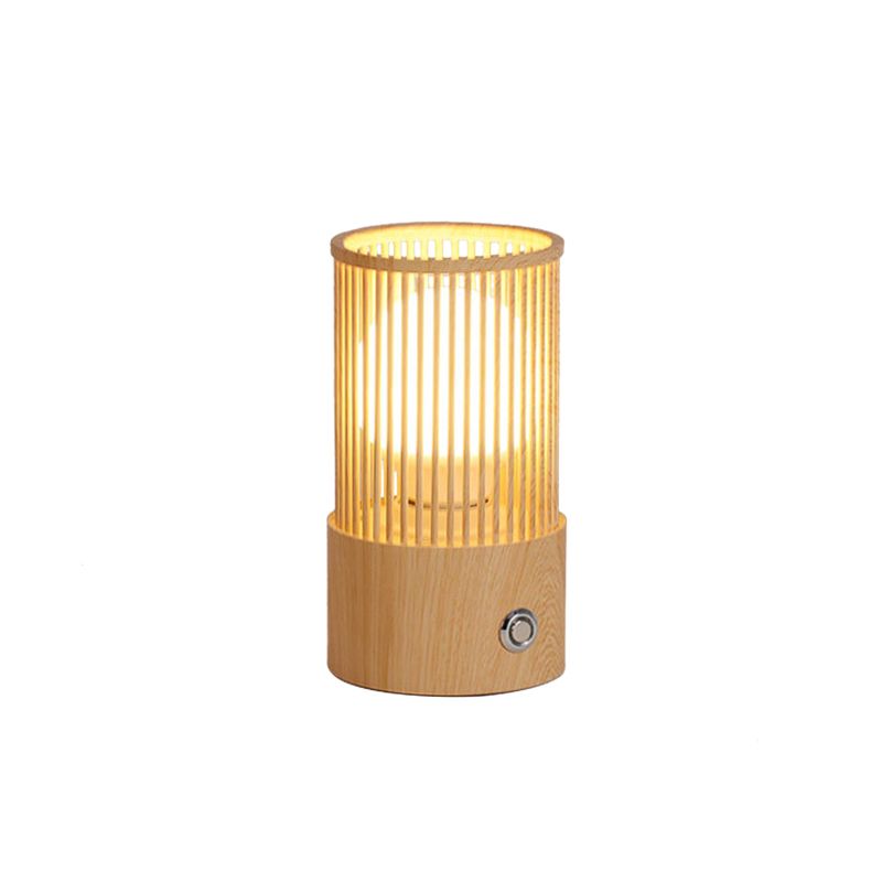 Beige Tubular Cage Desk Light Minimalist 1 Light Wood Table Lamp for Coffee Shop