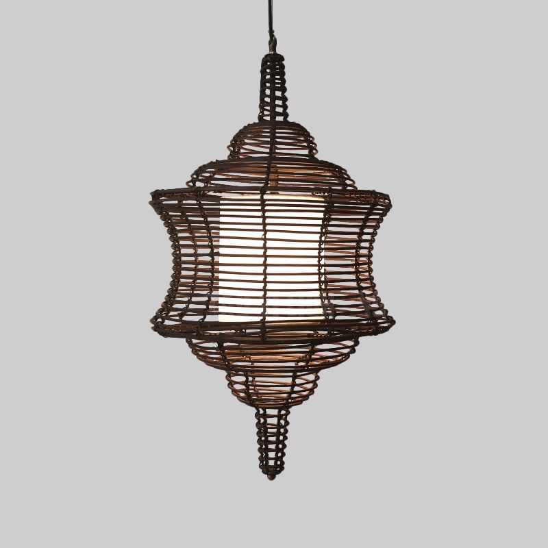 Curvy Ceiling Lamp Asia Rattan 1 Bulb Coffee Hanging Pendant Light with Inner White Tubular Shade