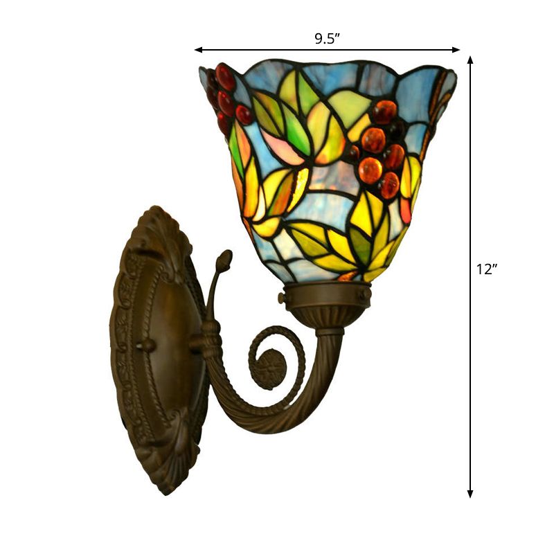 Bell Wall Sconce Light 1 Light Stained Glass Tiffany Style Wall Lighting Fixture with Grape Pattern in Bronze