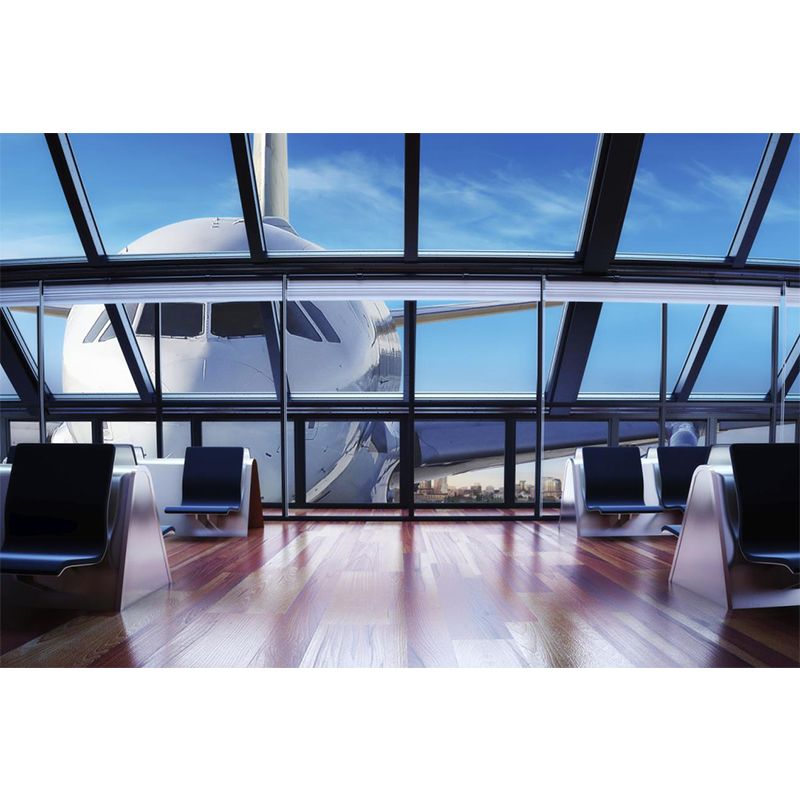 Custom Photography Modern Murals with An Airplane Approaching The Window Pattern, Blue-White