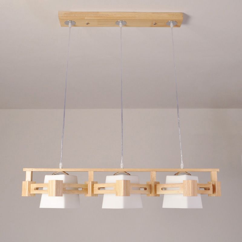 Japanese Trapezoid Hanging Light Cream Glass 3 Bulbs Dining Room Island Ceiling Light in Wood