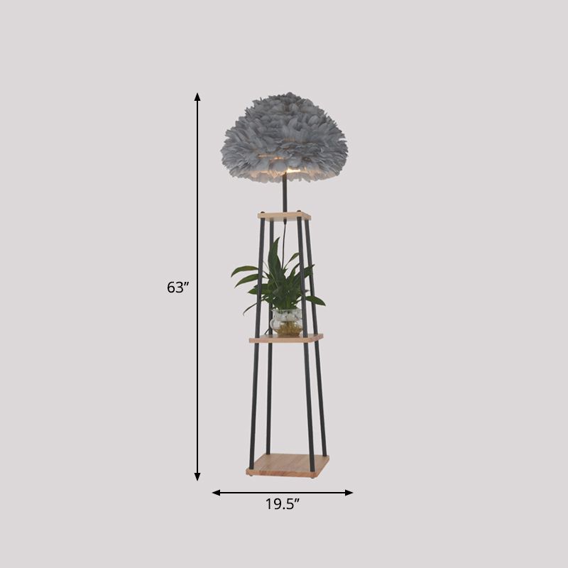 Lámpara de estar de lámpara de estante de madera de 2 niveles nórdico con piso de madera de madera de madera con tono de pluma de cúpula/tambor en gris/blanco