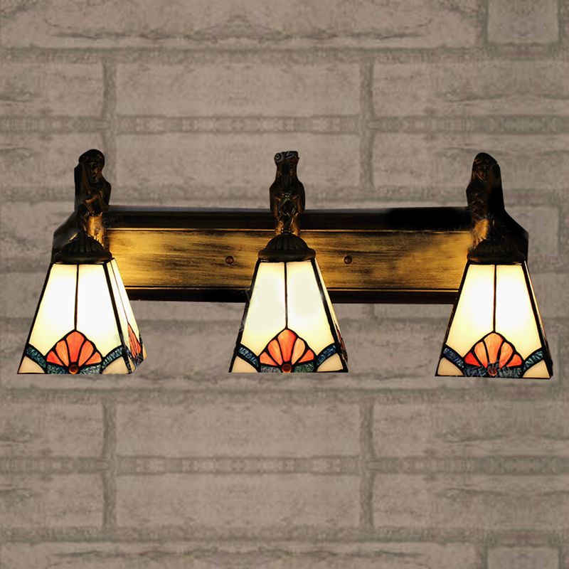 Trapezoid Wall Mount Light Tiffany White Glass 3 Lights Brass Vanity Light Fixture with Mermaid Decoration