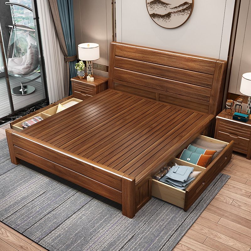 42.12" High Panel Bed with Storage Brown Walnut Bed with Headboard