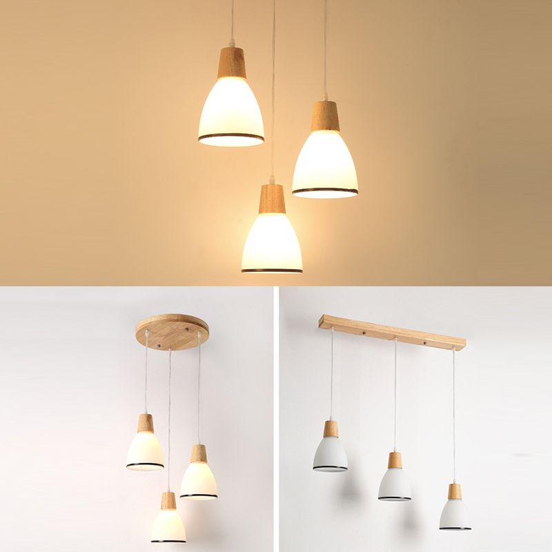 Nordic 3 Lights Pendant Wood Geometric Hanging Light Fixture with White Glass Shade
