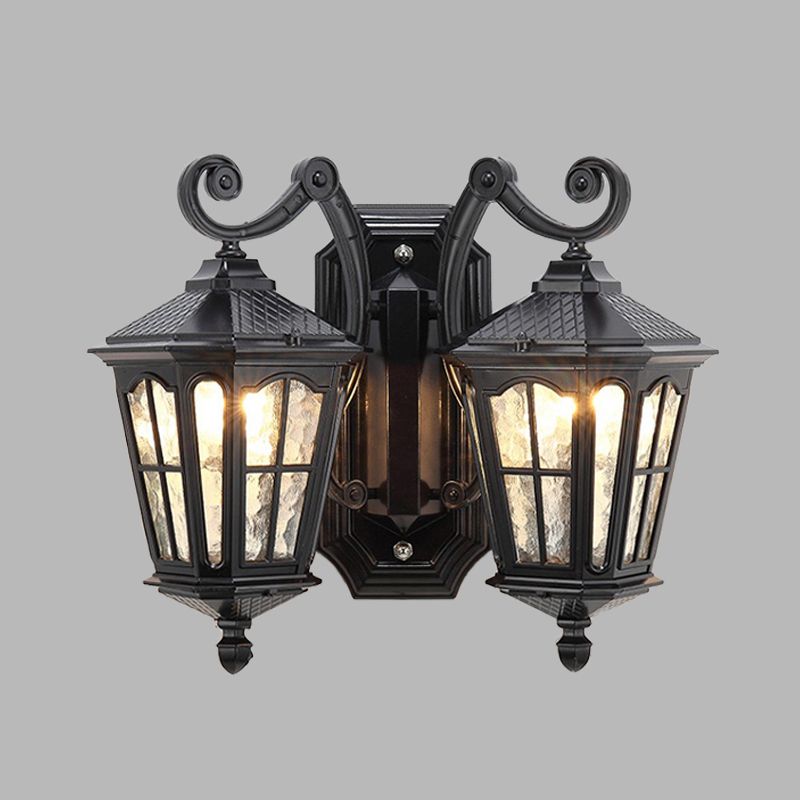 Luz de pared de pared al aire libre geométrica Cañón de agua 2 luces Lámpara de matorral de acabado negro con brazo de doble remolino