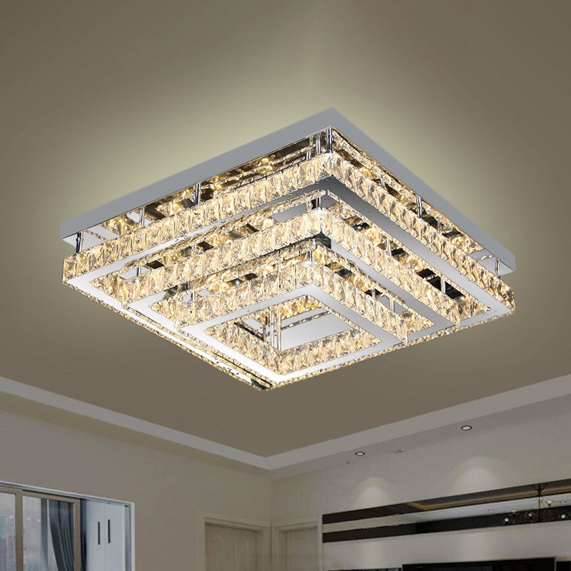 3-Tier Square Crystal Semi Flush Modernism Bedroom LED Close to Ceiling Light in Stainless Steel