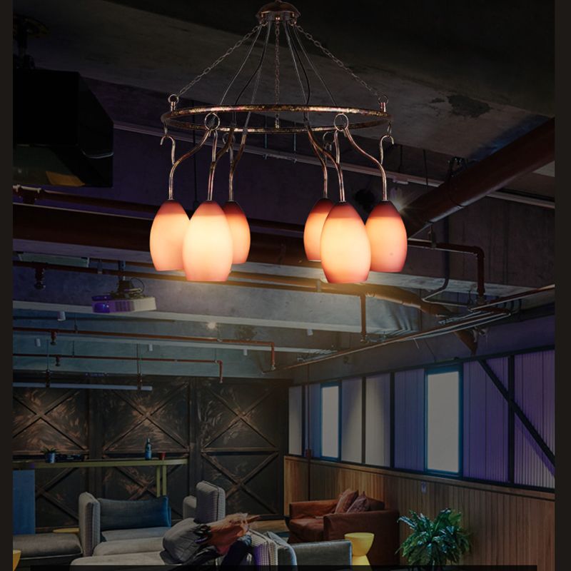 6 Lights Ring Hanging Light with Pink Melon Shade Antique Glass Chandelier for Cafe