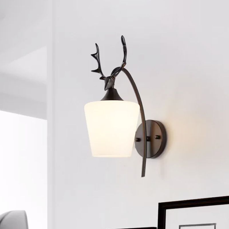 1 Light Metal Wall Lighting Country Black/Gold Antler Living Room Sconce Light Fixture with Frosted Glass Shade