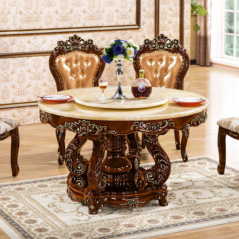 Round Shape Dining Site Table Marble Pedestal Dining Room Collection with Turntable