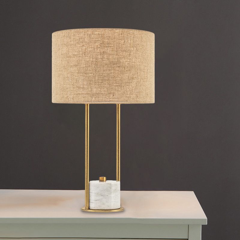 Cylinder Nightstand Lighting Modern Fabric 1 Head Bedroom Night Lamp in White/Beige with Marble Base