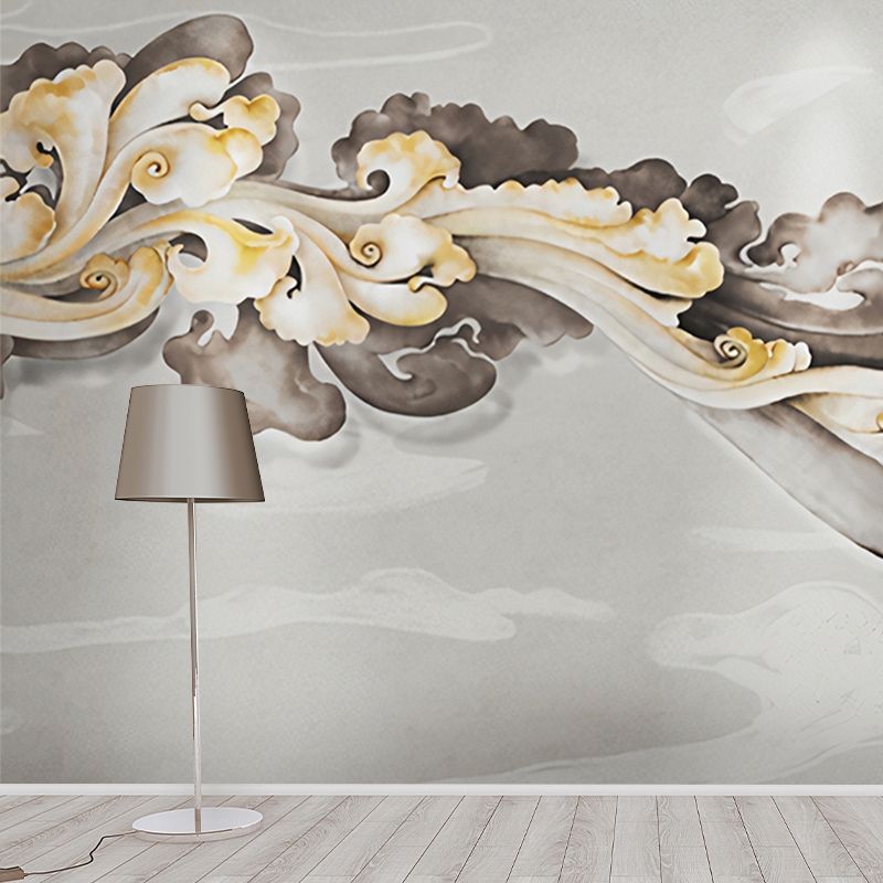 Giant Wall Mural Traditional Classic Cloud Wall Covering in Yellow and Grey