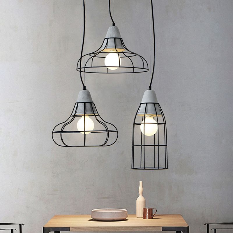 Caged Dining Room Suspension Light Metallic Single Minimalist Pendant Light with Cement Top in Grey