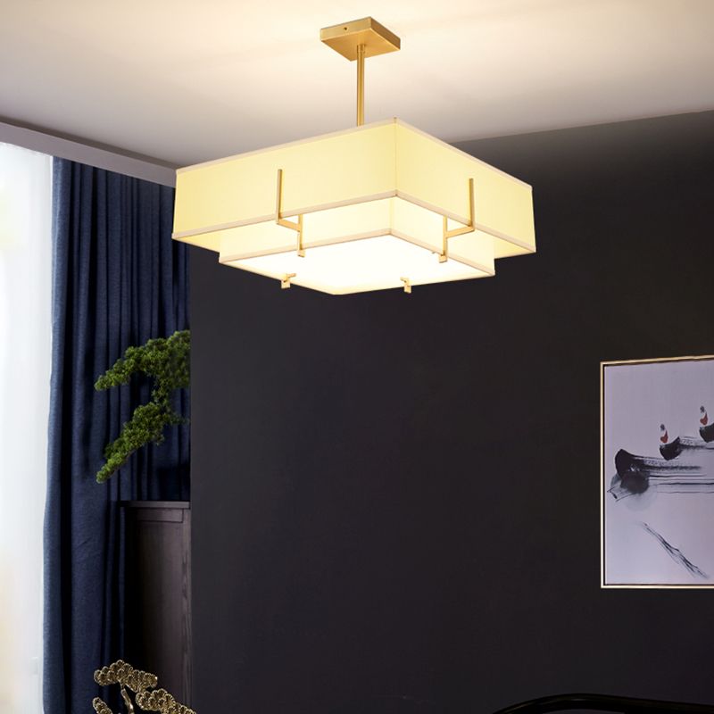 Brass Geometric Pendant Lamp Classic Fabric Chandelier for Living Room