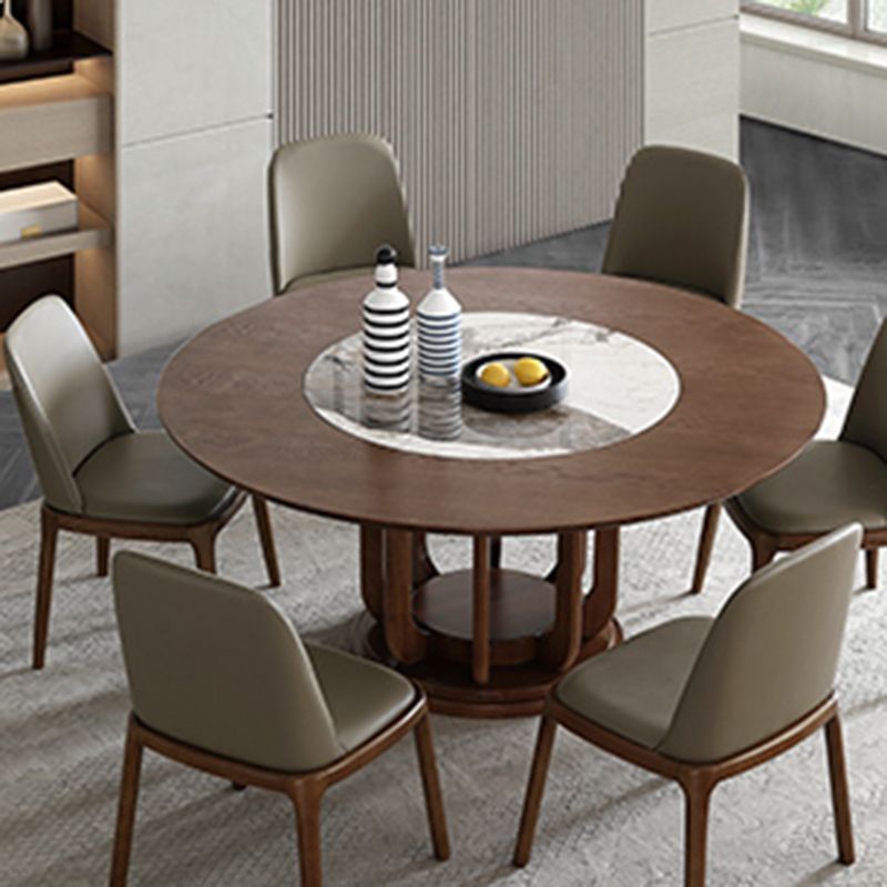 Walnut Color Solid Wood Round Dining Table Round Turntable Furniture with Pedestal Base