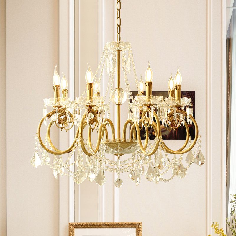 Gold Retro Rustic Style Crystal Large Chandelier Full Brass Candlestick Design Elegant Lighting Fixture for Living Room