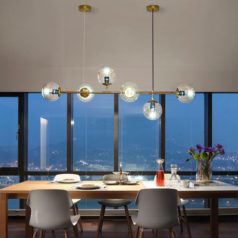 Gold Metal Island Light Modern 6-Head Restaurant Hanging Lamps with Globe Glass Shade