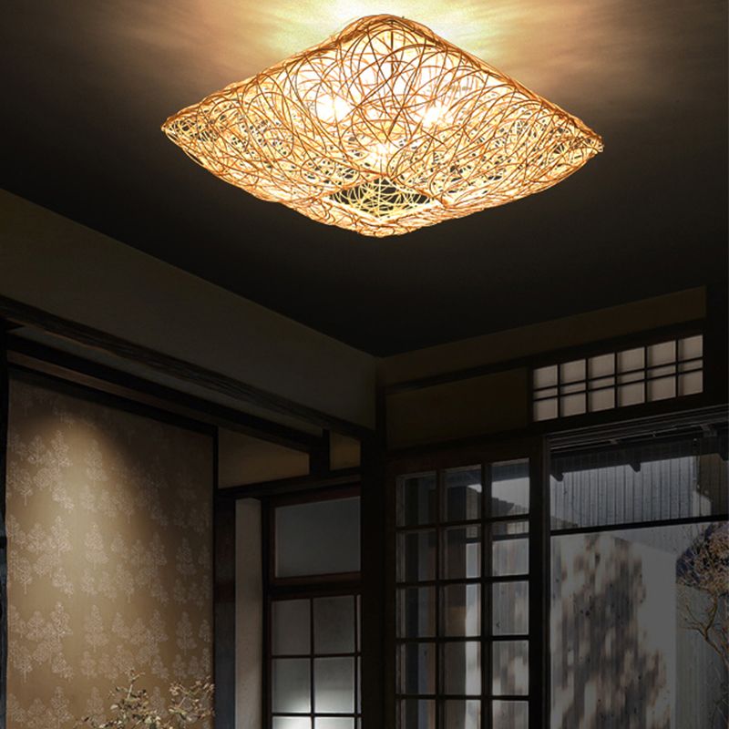 Quadratform Deckenlampe Asiatischer Bambus 3 Lichter Flush Mount für Esszimmer