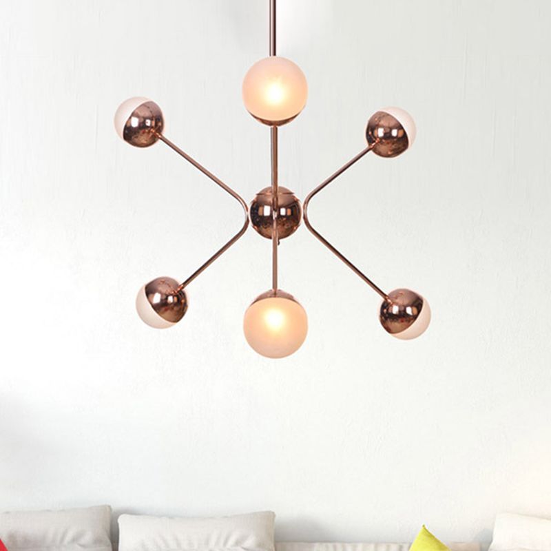 6 Lights Bedroom Hanging Ceiling Lamp Contemporary Rose Gold LED Chandelier with Modo Amber Glass Shade