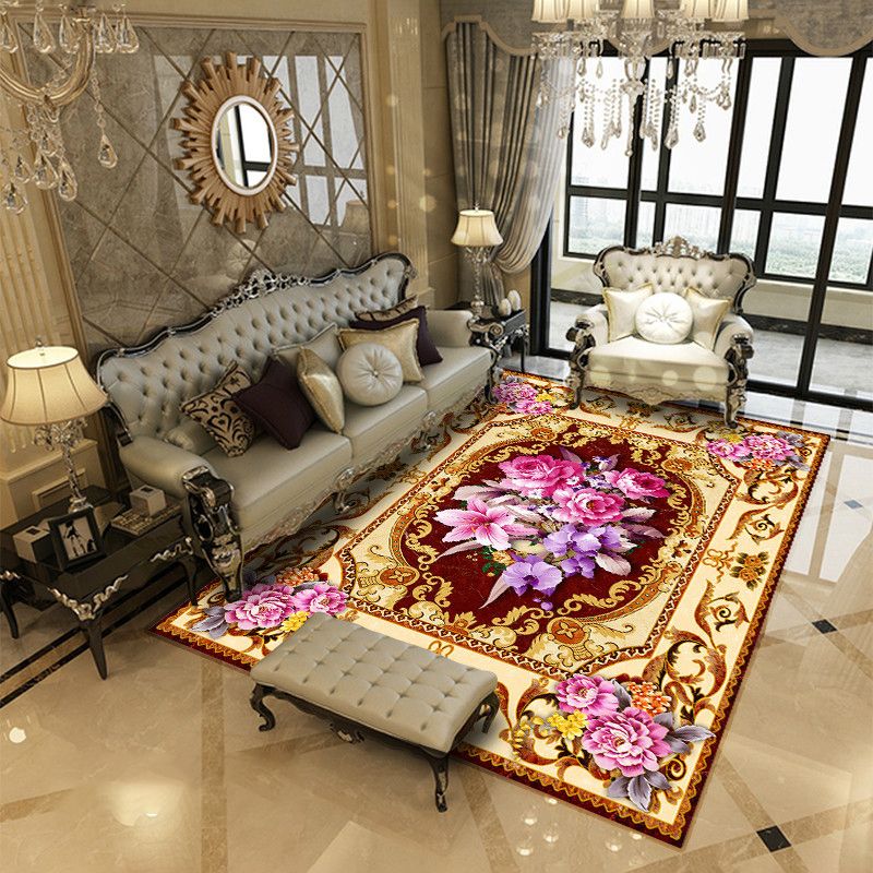 European Flower Pattern Carpet Polyester Area Rug Non-Slip Backing Area Rug for Living Room