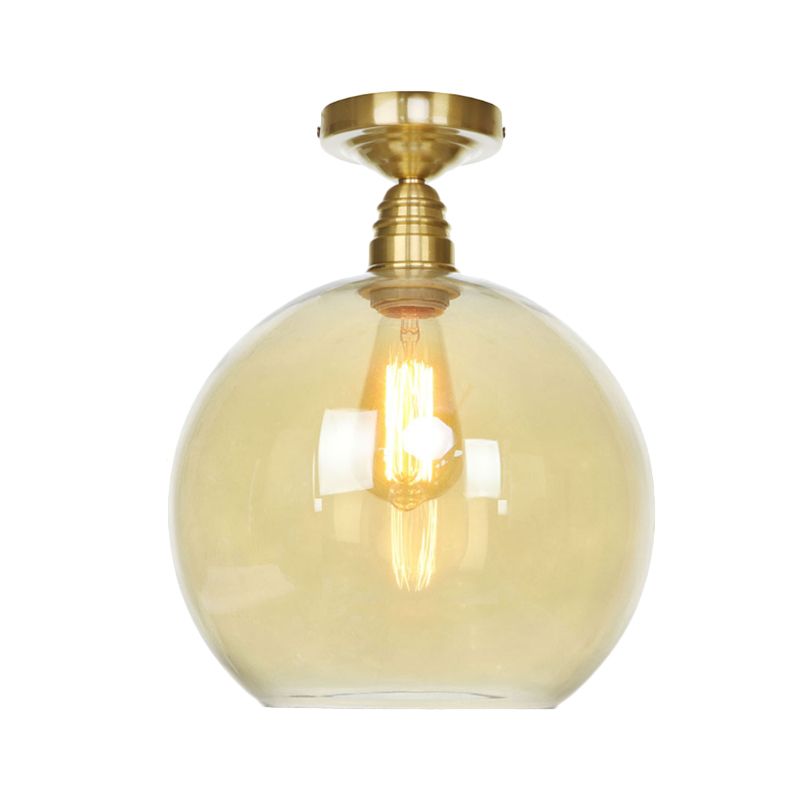 1 Light Spherical Semi Flush Light Brass Industrial Clear/Amber Glass Ceiling Mount, 8"/10"/12" Wide