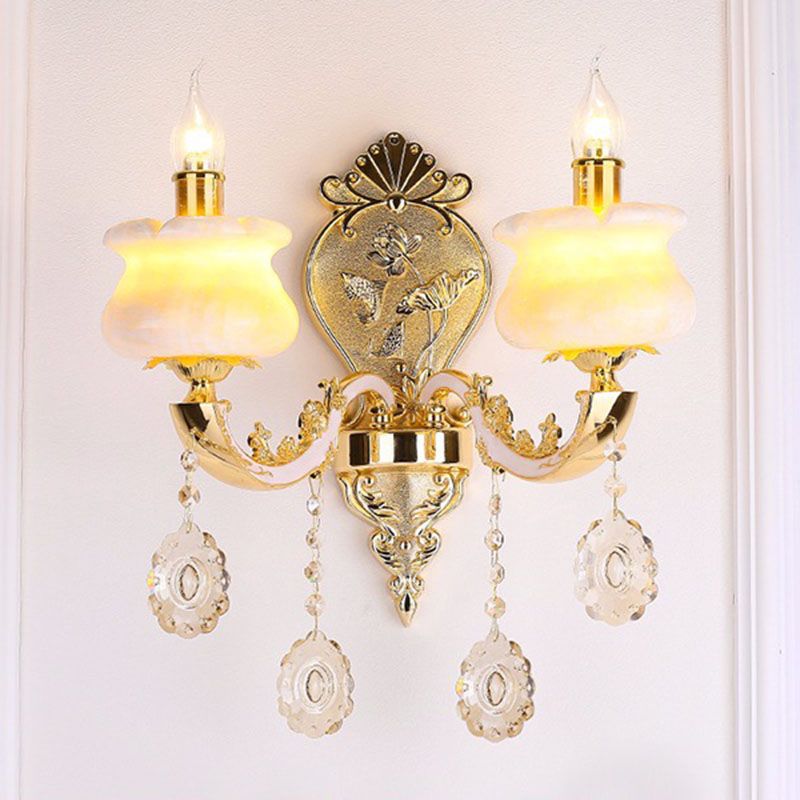 Glazen bloem wandmontage licht modernistische gouden wandlamp sconce met kristaldruppel