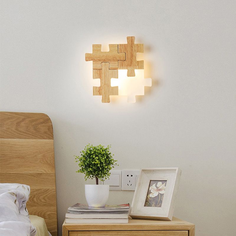 Jigsaw Puzzle Wall Mount Lamp Creative LED Wooden and Acrylic Shade Sconce Light for Bedroom