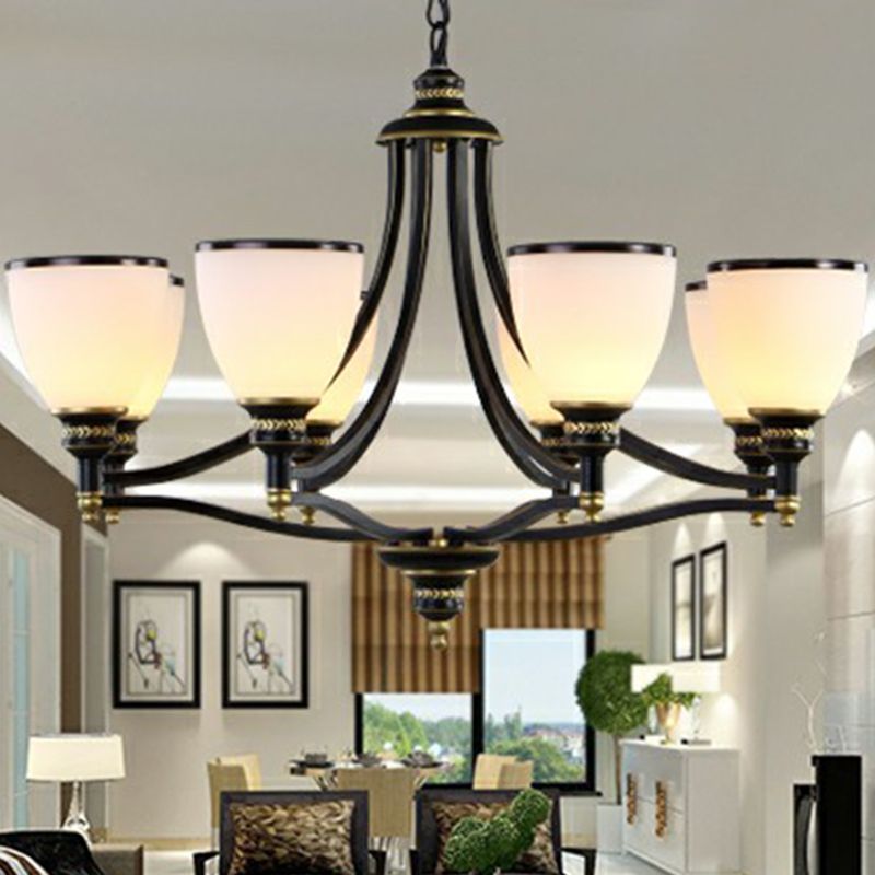 Bell Living Room Ceiling Lighting Traditional Opal Glass Black Chandelier Light Fixture