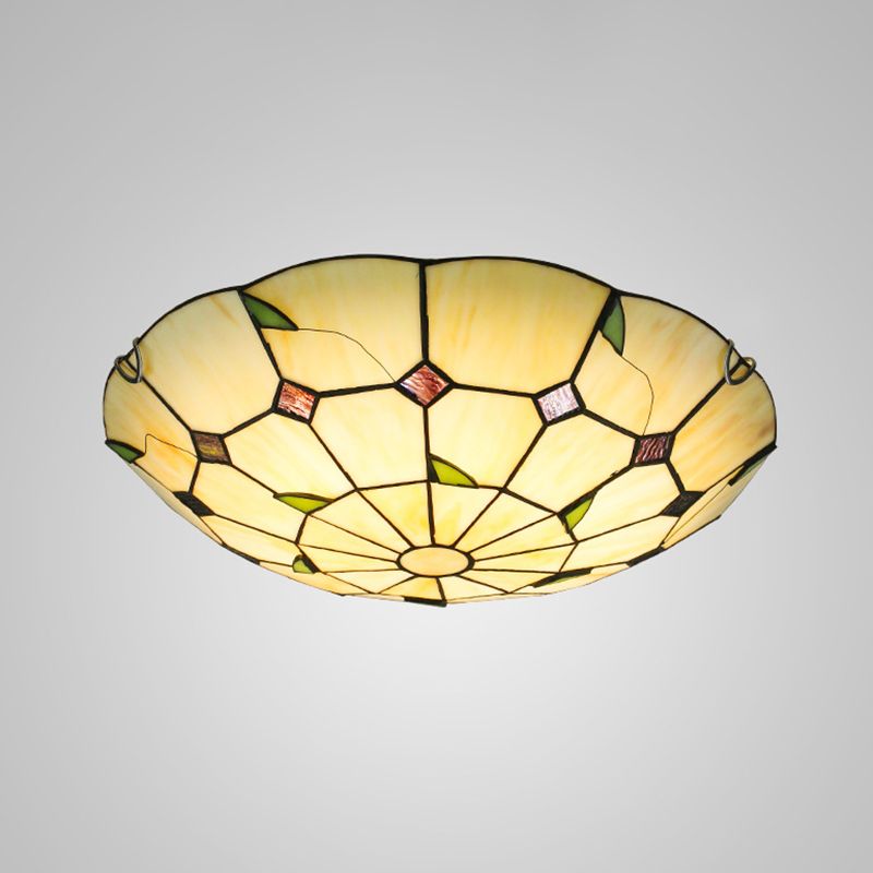 Handcrafted Glass Beige Ceiling Lighting Bowl Shaped Tiffany LED Flush Light for Hall