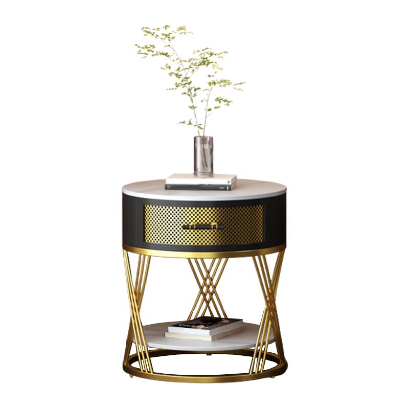 Round Side Table with 1 Drawer Metal Frame Side End Snack Table