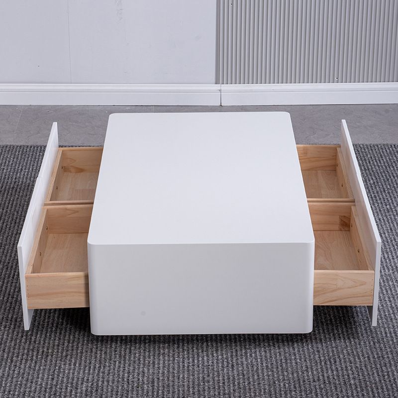 4 Drawers Contemporary Coffee Table in White Solid Wood 13.8" H Cocktail Table