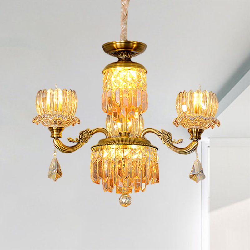 Mid Century Floral Ceiling Chandelier 3 Heads Amber Crystal Pendulum Light in Brass