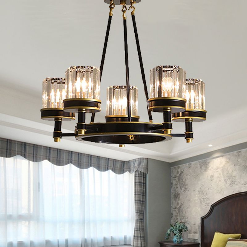 Modernist Cylinder Ceiling Chandelier Clear Crystal 5/6/8 Bulbs Living Room Pendant Lamp in Black